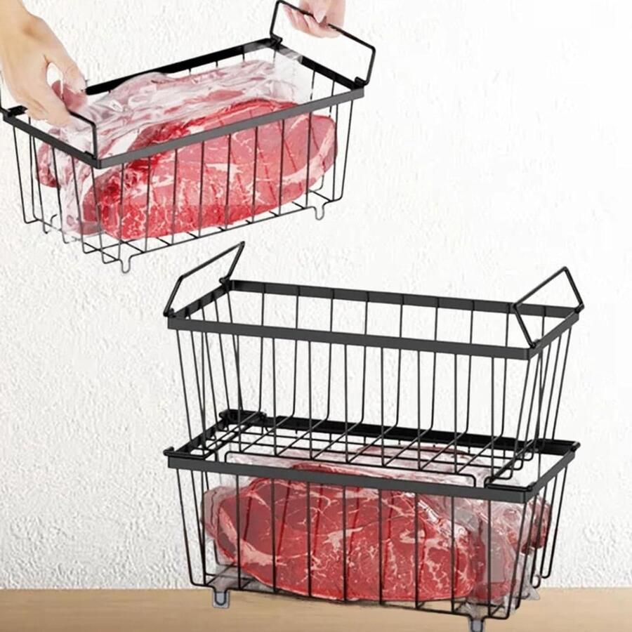 Allecto Plus 3-delige vriesmand stapelbare vrieskastorganizer met inklapbare handgreep Hangende draadmand voor vrieskasten van 12 tot 18 cm Eenvoudig opbergen en organiseren