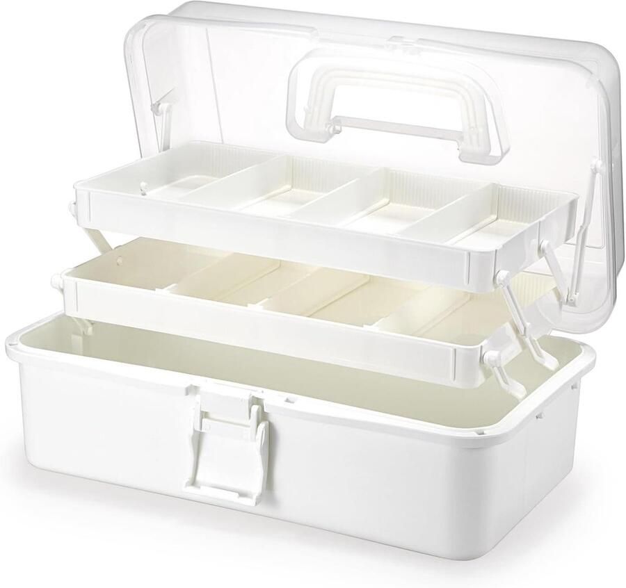 Allecto Plus 3-laags opbergdoos met 7 compartimenten Opbergcontainer voor speelgoed en kunstnijverheid Grijsachtig wit Opslag en Organisatie