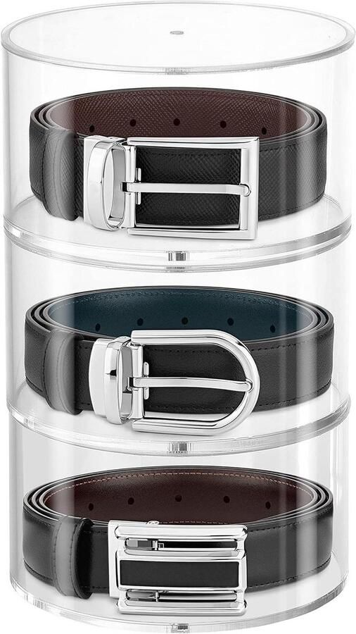 Allecto Plus 3-Laats Riem Organiser Transparante Ronde Opbergkast met Magnetische Deksel Stapelbare Kunststof Organizers Duurzame Acryl Kast voor Riemen Sieraden Horloges & Make-up