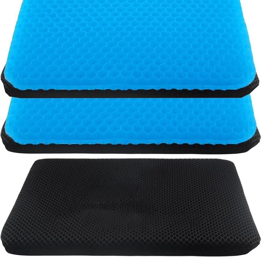 Allecto Plus 3-Pack Gel Zitkussen 43 x 36 x 2.5cm voor Bureaustoel Auto en Rolstoel Blauw. Ademend en Koel met Antisliphoes