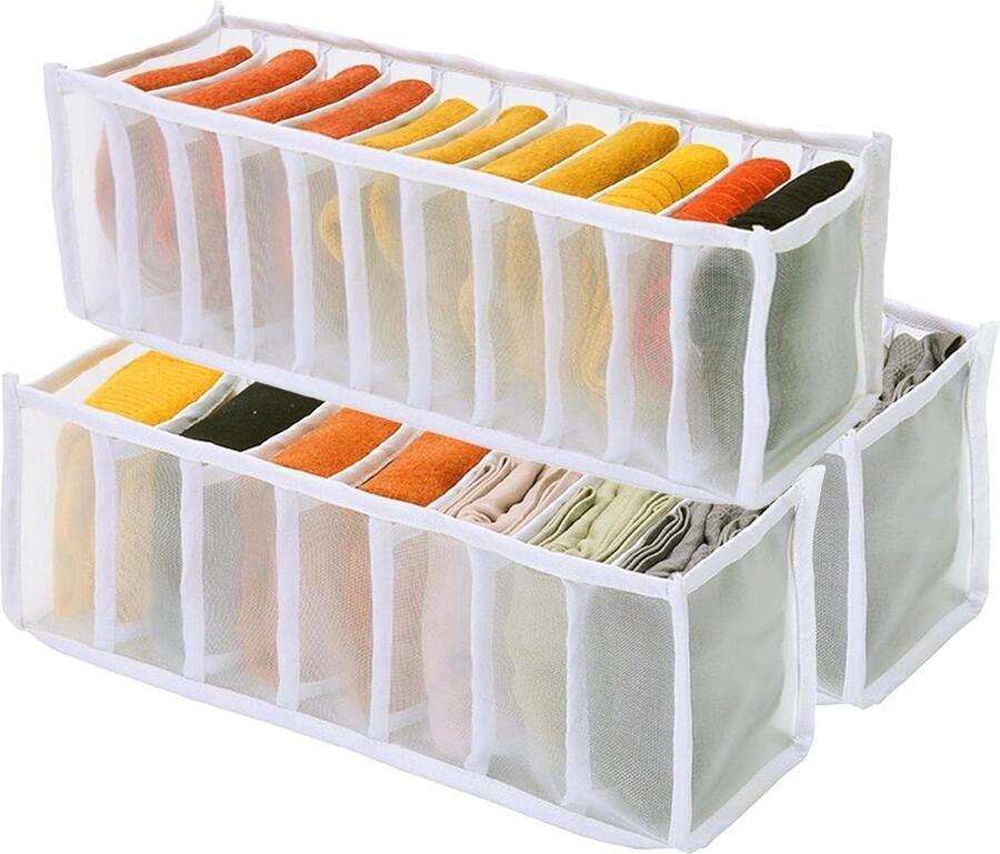 Allecto Plus 3 stuks Opvouwbare Sokkenorganizer en Beha-organizer Ademend en Wasbaar Voor Kledingkast Roosters voor Ondergoed Organisator voor Sokken Stropdassen en Riemen