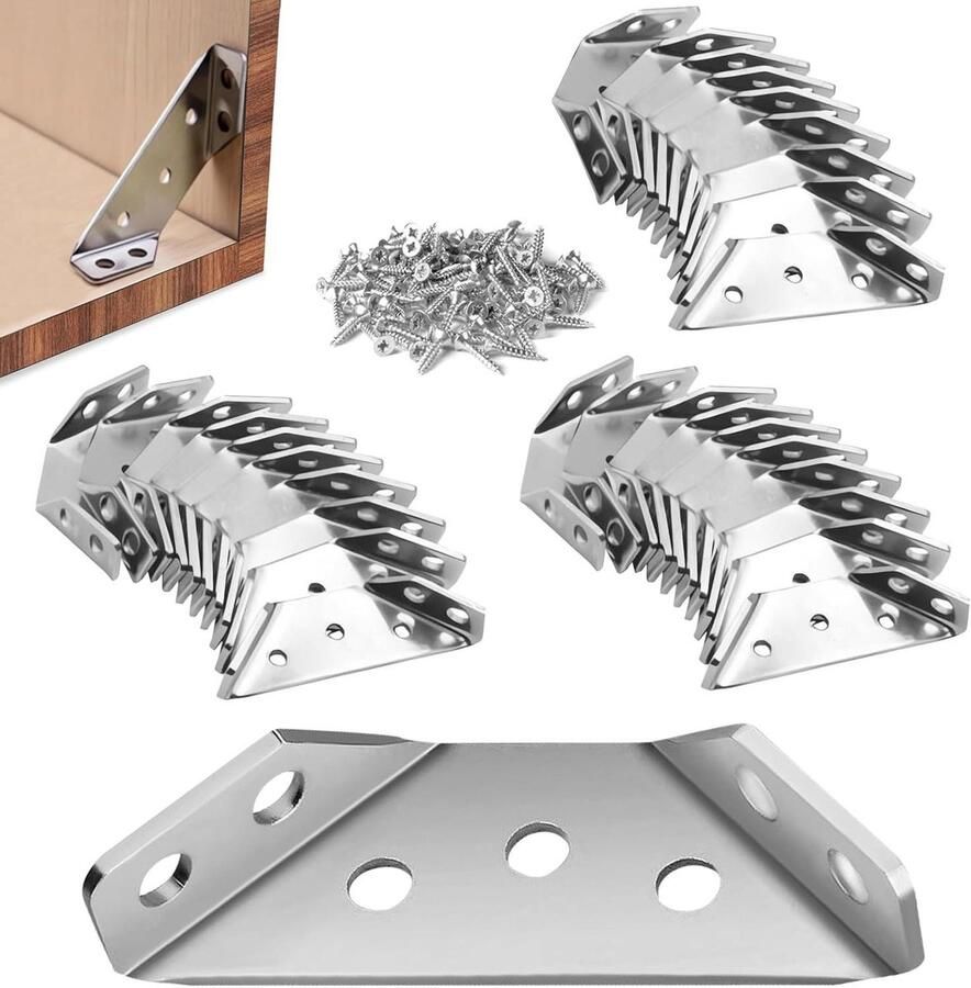 Allecto Plus 30-delige set hoekverbindingen en 210 roestvrijstalen schroeven voor houten planken kasten tafels en stoelen Meubelbevestiging met hoekhoeken