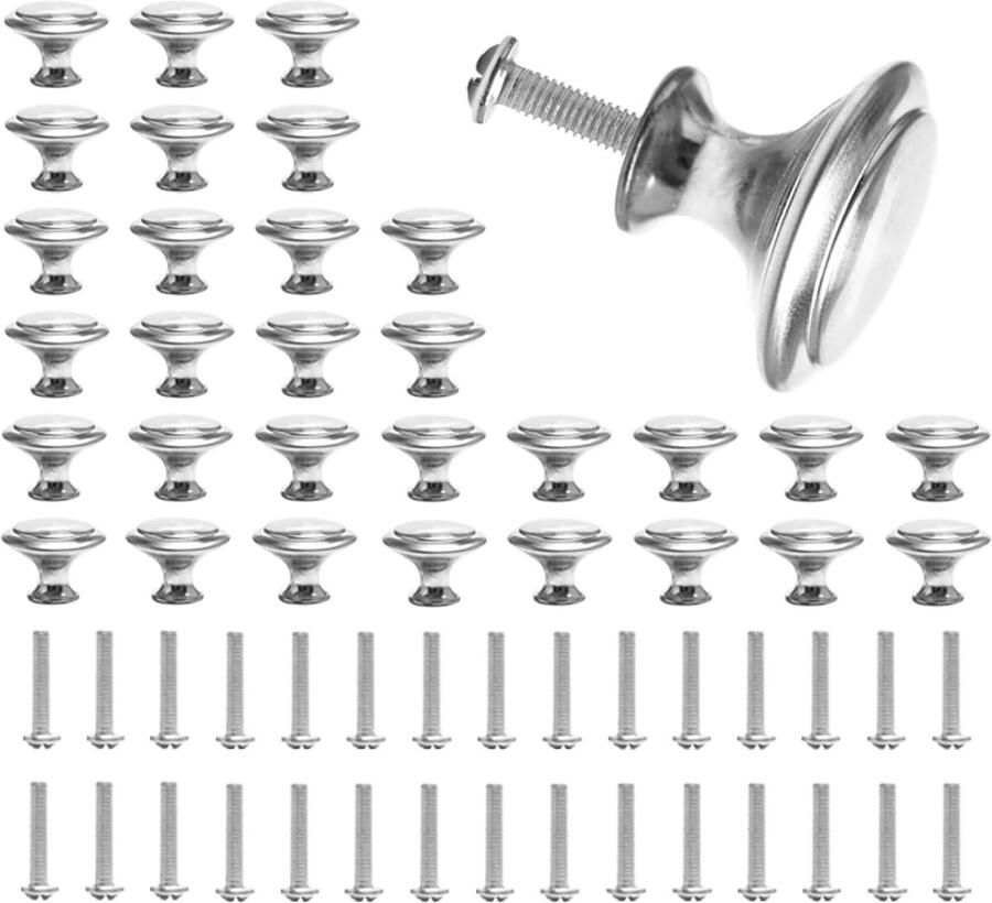 Allecto Premium Meubelknoppen Set van 30 stuks zilveren meubelgrepen voor badkamermeubels Inclusief schroeven Ronde meubelknoppen voor laden en kasten
