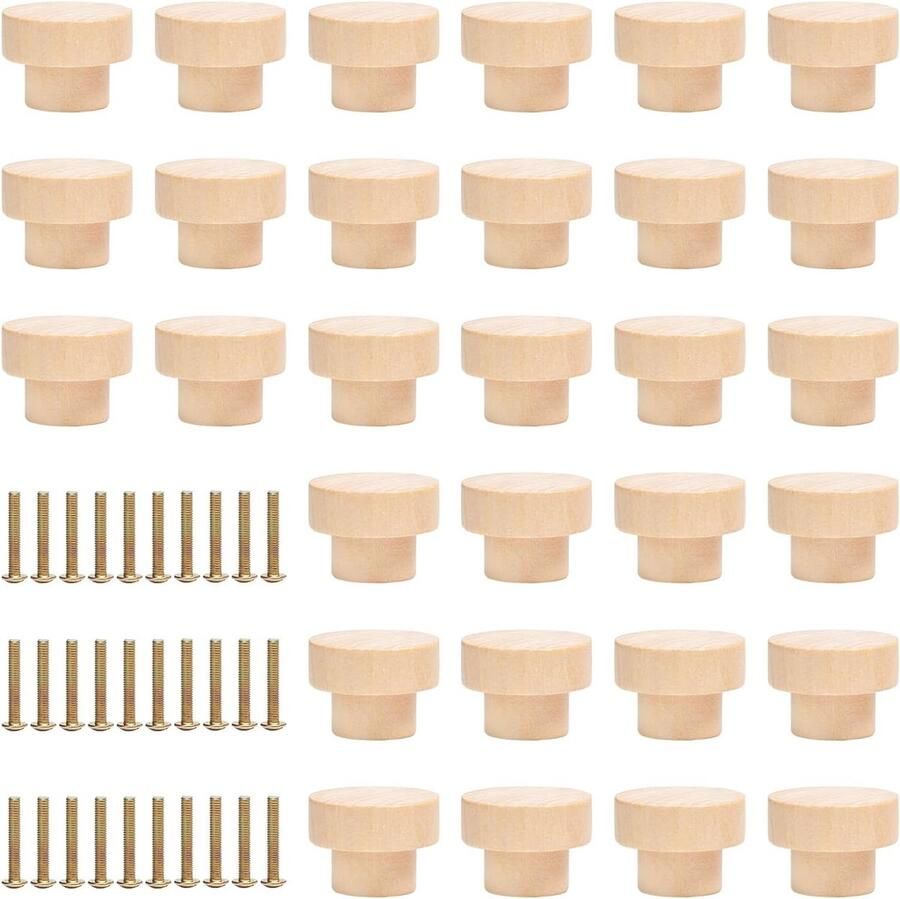 Allecto Plus 30 stuks houten meubelknoppen ronde kast commode ladegreep klein formaat inclusief schroeven 35 x 25 mm