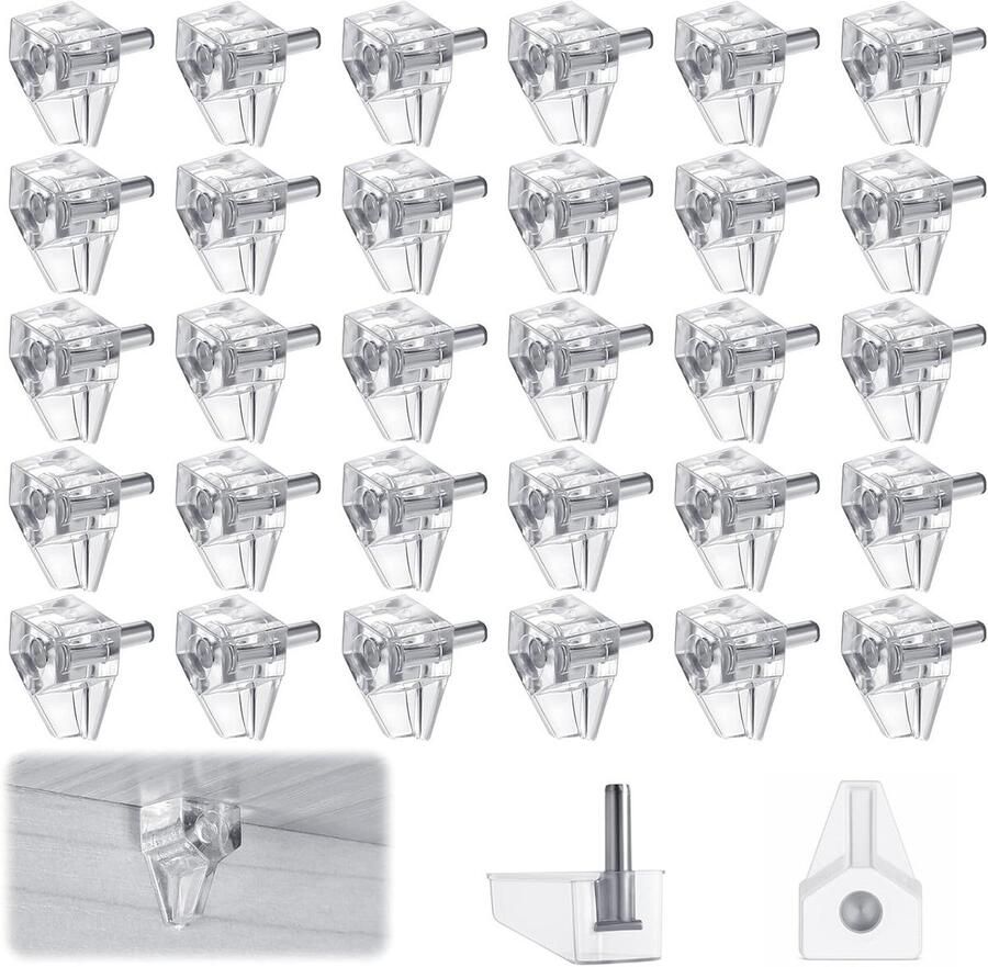 Allecto Plus 30 stuks inlegplankhouders 3 mm transparant Kunststof plankdragers voor meubels boekenkasten kasten Steekplankdragers voor houten en glazen planken