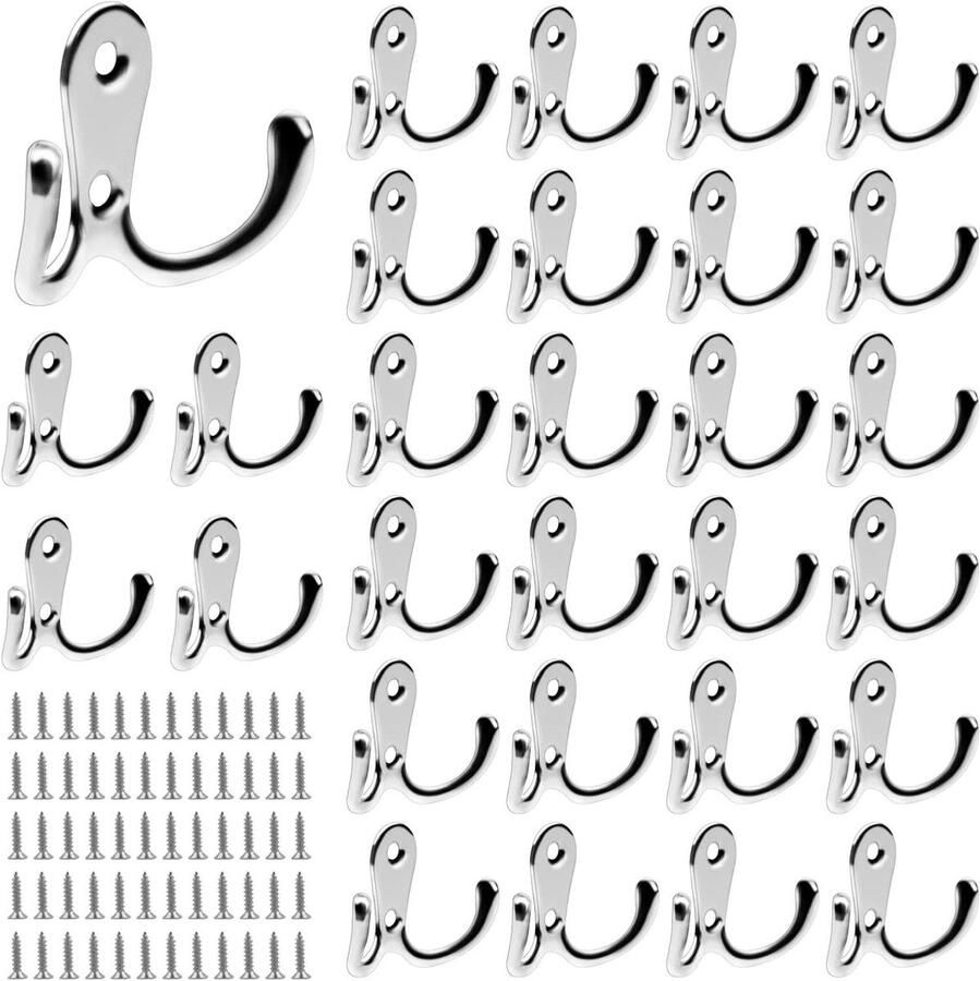 Allecto Plus 30 stuks Metalen Dubbele Kapstokhaakjes Retro met Schroeven Zilver Mantelhaken voor Kleding Sjaal Tas Hoed