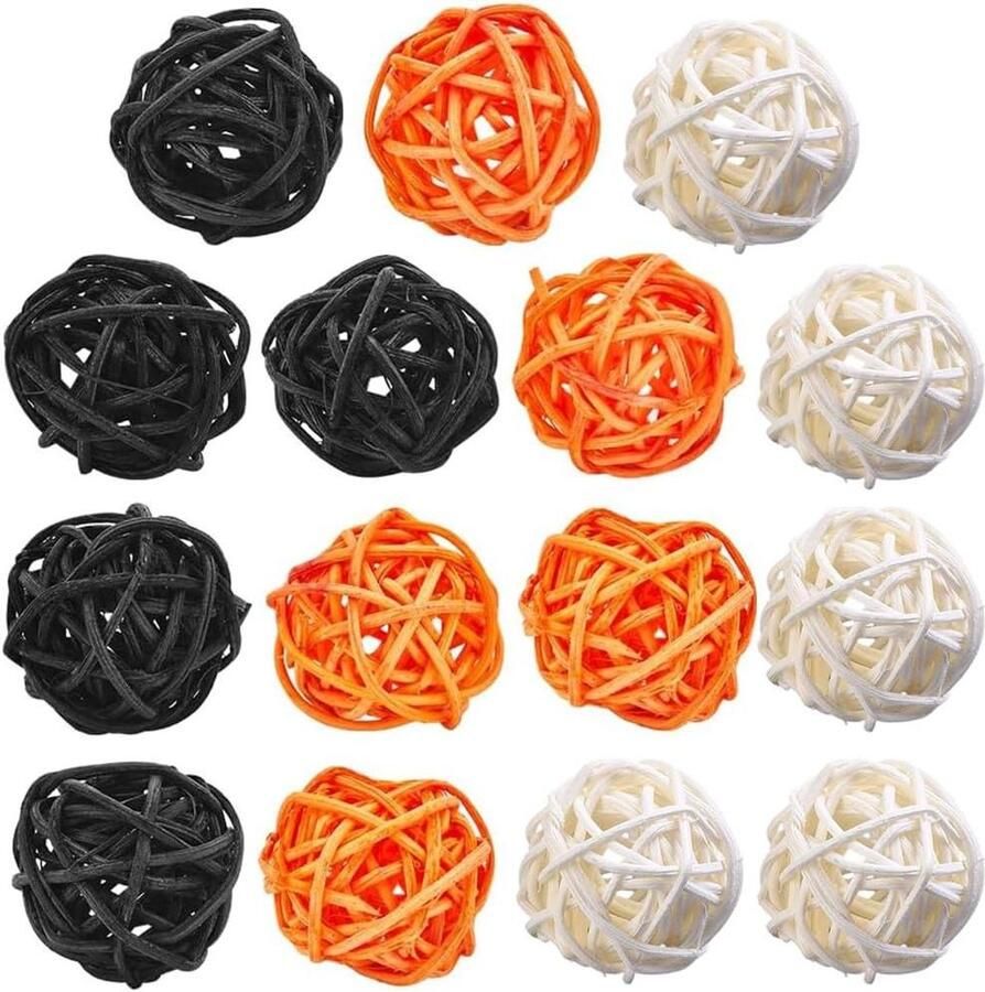 Allecto plus 36 Stuks Halloween Rotan Decor Ballen in 3 Kleuren Wit Donker Oranje Zwart Geschikt voor Halloween Boom Muur Bruiloft Koffie Party DIY Decoratie Filler Ornamenten voor Vaas en Tafel Set van 36 stuks