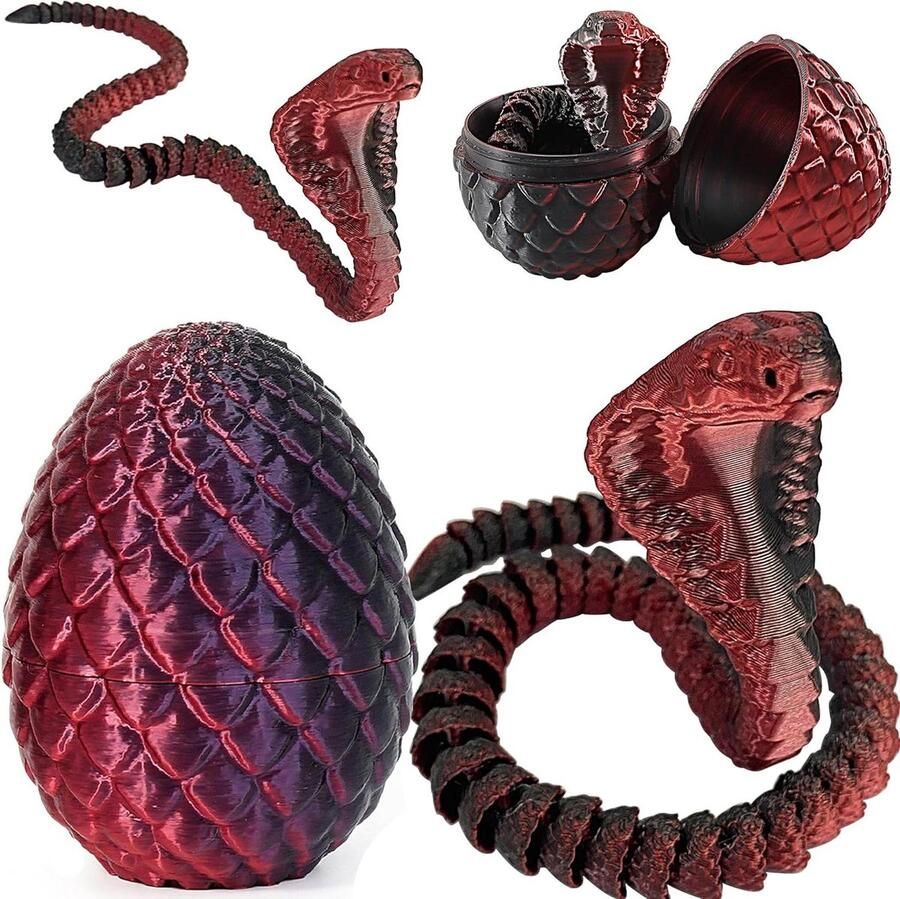 Allecto Plus 3D geprint slangen speelgoed voor Pasen Draak Eieren Slangen Cobra 3D geprinte dieren Speelgoed voor kinderen Cadeau Bureau thuisdecoratie (Zwart Rood)