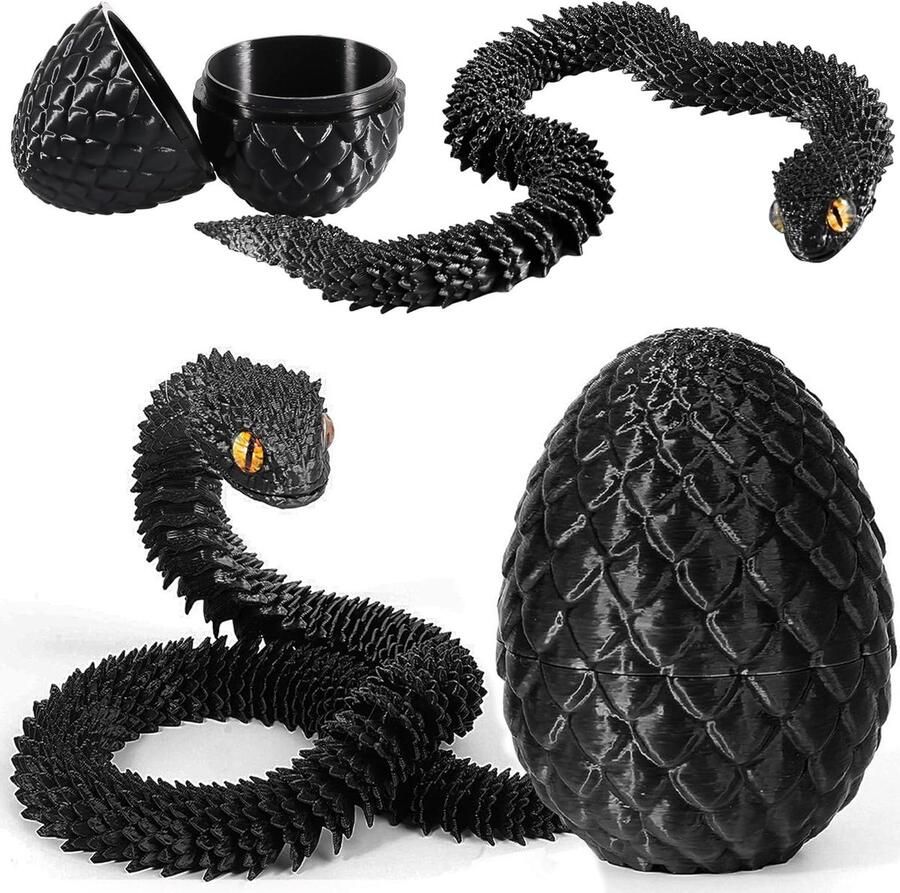 Allecto Plus 3D geprinte Slang Speelgoed Paasei Draak Eieren 3D Geprinte Dieren Speelgoed voor Kinderen Cadeau Bureau Huisdecoratie (Zwart)