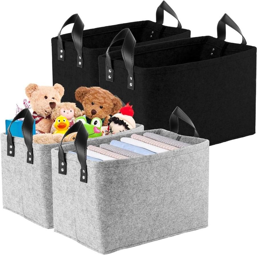 Allecto Plus 4-delige Grijze Opbergdozen met Twee Handvatten Opbergmand voor Speelgoed Boeken Kleding Zwart & Grijs