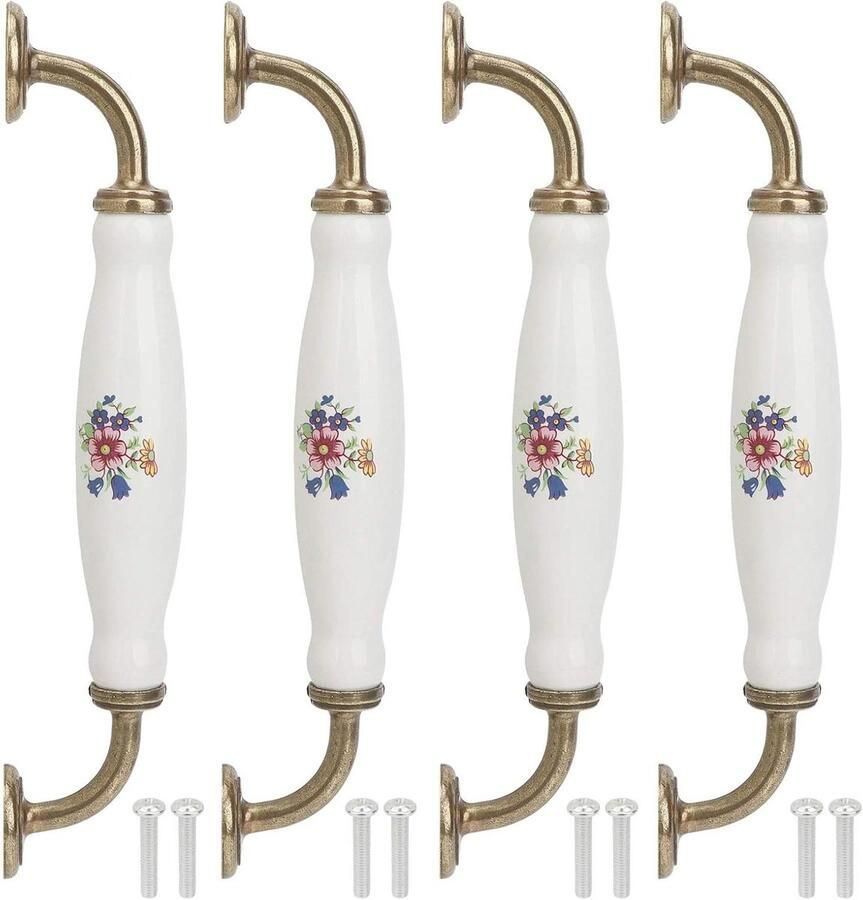 Allecto Plus 4 Sets Keramische Handgreep Europees 160mm Gebogen Kastgreep Gatenafstand Wit en Ge-polijst Messing Afwerking Kasttrekkers voor Lade Keukenkast Badkamer Deur Lade