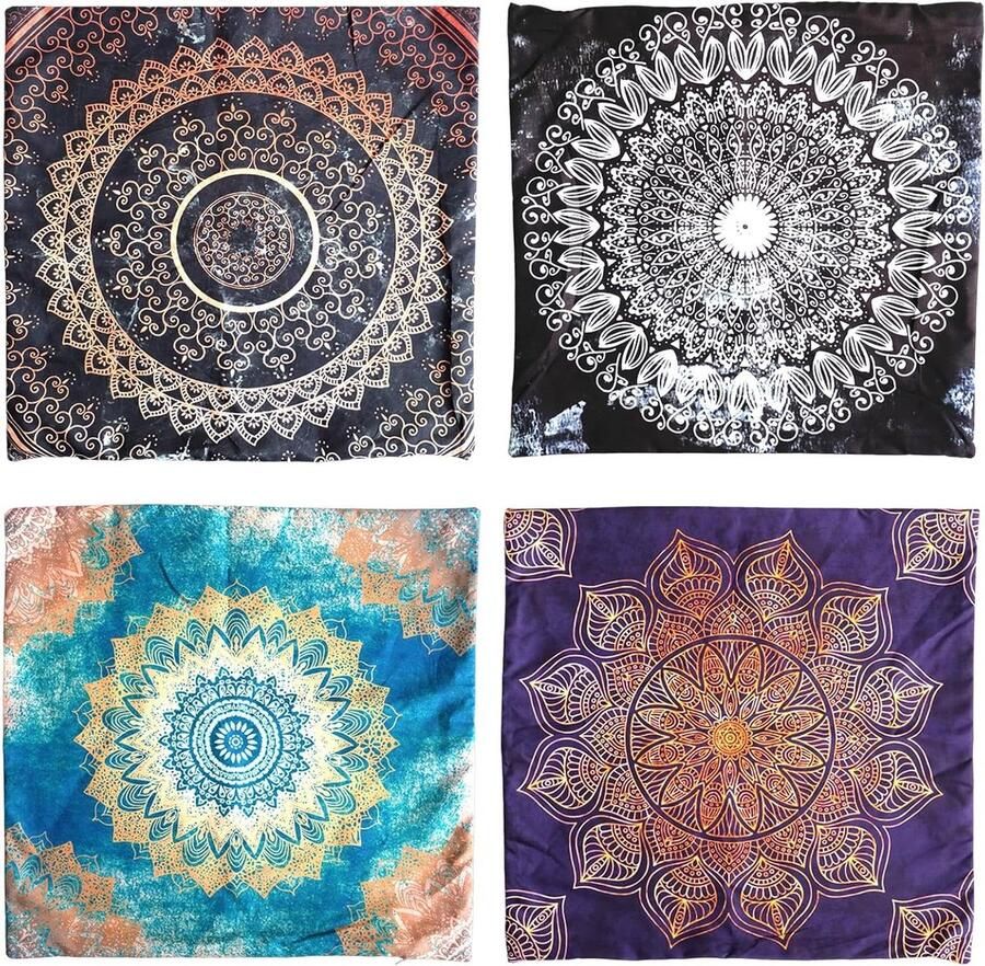Allecto plus 4-delige Kussenhoes Set met Mandala-Bloemmotief Etnische Boho-Kussenhoezen voor Woondecoratie Katoenen Linnen Woonkamer Bank Bed Auto