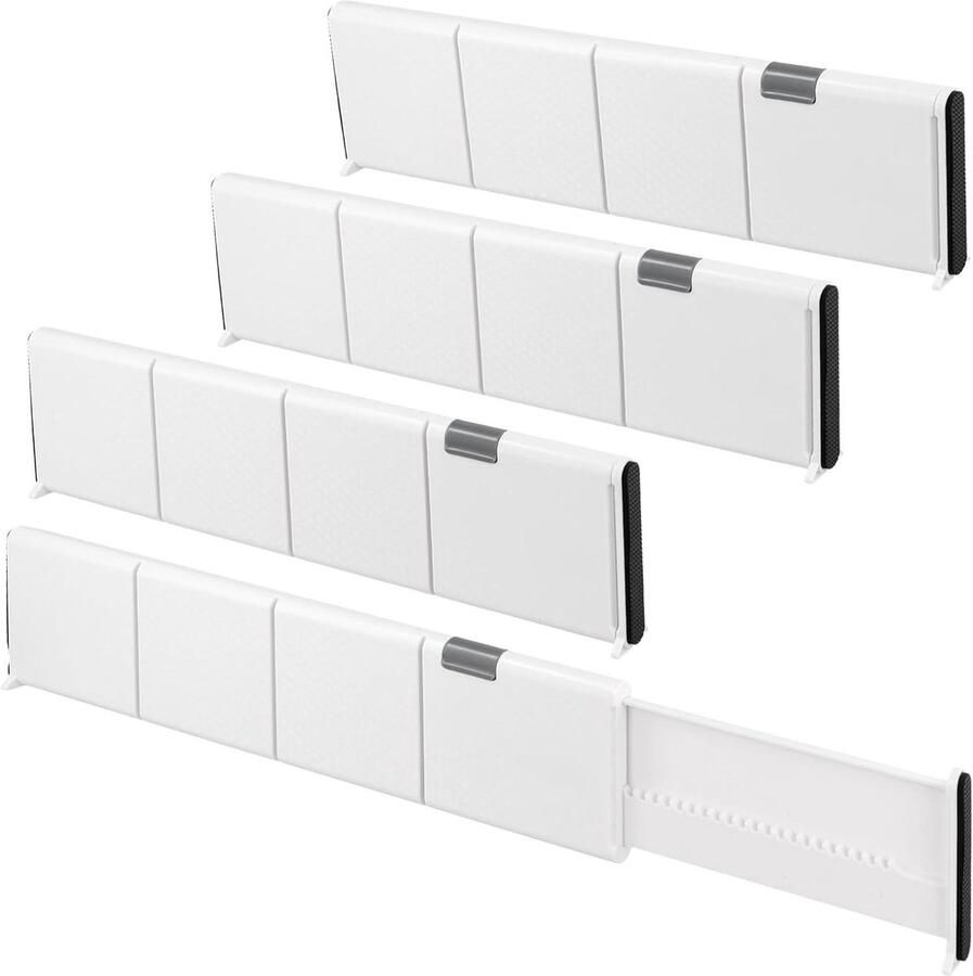 Allecto Plus 4-delige ladeverdelers van 10 cm hoog voor keukenopslag Verstelbaar van 30 cm tot 50 cm Witte lade-organisatoren voor kleding slaapkamer en badkamer