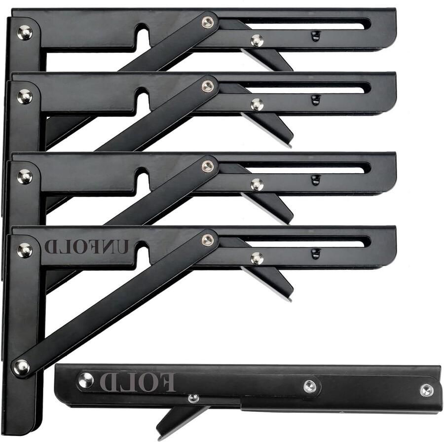 Allecto Plus 4-delige set Opvouwbare Metalen Plankbeugels Zwart Montagemateriaal Inclusief Driehoekige Wandgemonteerde Rekken Draagvermogen 50 kg