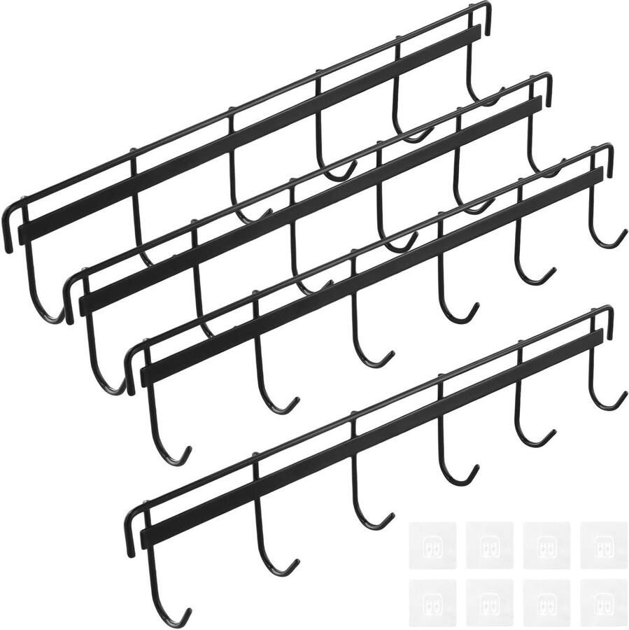 Allecto Plus 4-delige set zwarte kapstokhaken voor wandmontage 32 x 6 cm hangers met 6 haken geschikt voor keuken badkamer slaapkamer