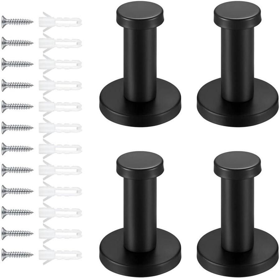 Allecto Plus 4-delige set zwarte kapstokhaken voor wandmontage met roestvrijstalen handdoekhaken