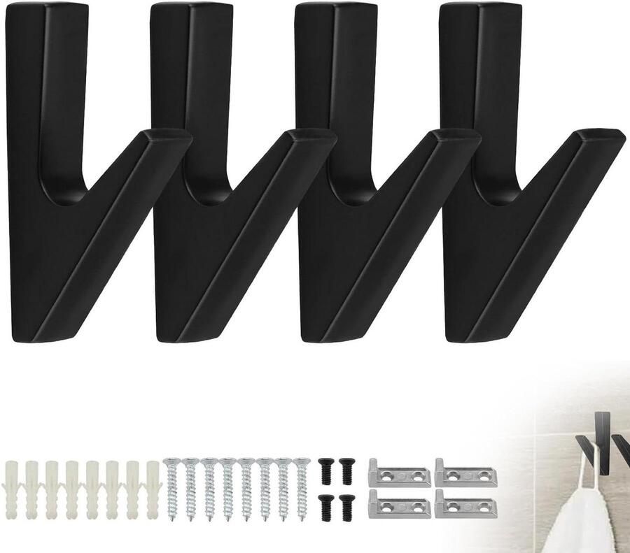 Allecto Plus 4 haken voor garderobe akoestische panelen geluidsisolatie aluminium 3-laagse matte lak jassen mantels tassen zwart Set van 4 stuks