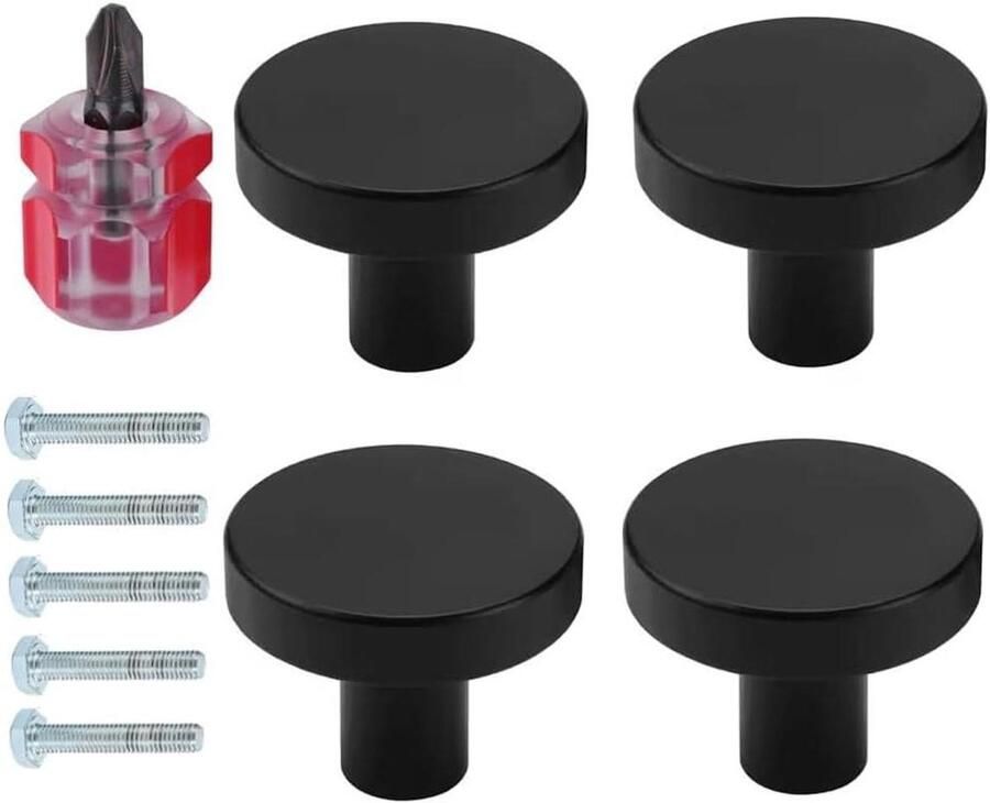 Allecto Plus 4-pack meubelknoppen 30 mm zwart met schroeven Voor kasten en kledingkasten Inclusief schroevendraaier