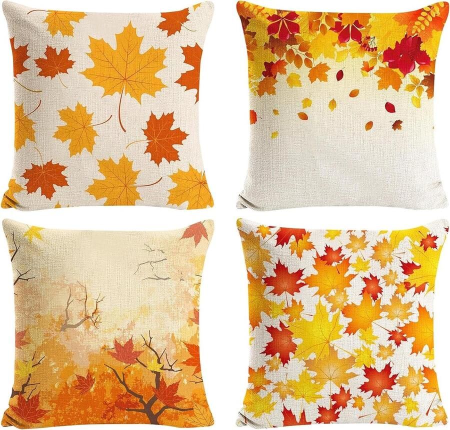 Allecto plus 4 Stuks Decoratieve Kussenslopen Herfstthema 45 x 45 cm Oogstfeest Linnen Slaapkamer Woonkamer Bank