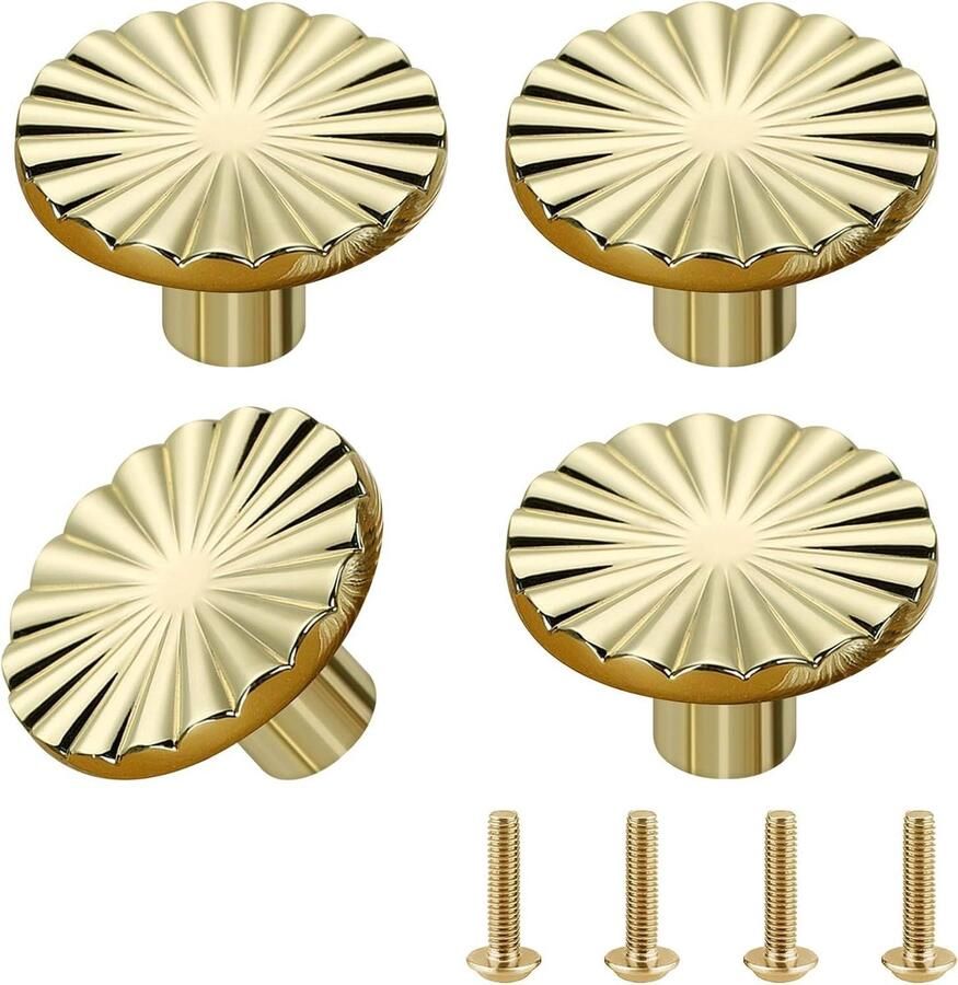 Allecto Plus Gouden Meubelknoppen Set van 4 Moderne Gouden Knoppen voor Kasten Inclusief Schroeven Ø 3 cm Voor Ladekast Keukenkast Dressoir