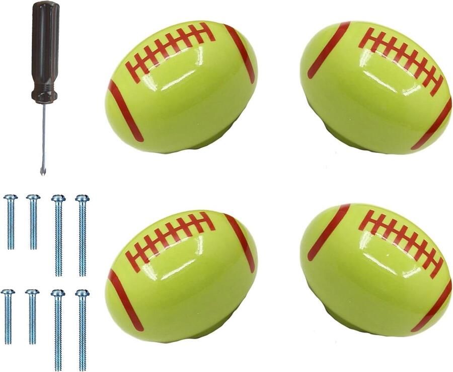 Allecto Plus 4 stuks groene keramieken kastknoppen in rugbybal design voor lade handgrepen in huis keuken slaapkamer en kledingkast