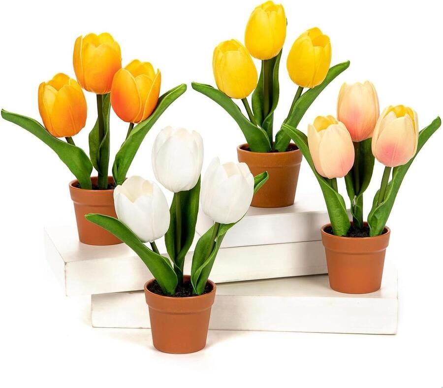 Allecto Plus 4 Stuks Kunstmatige Tulpen in Bruine Pot 21cm Nep Tulpen Bloemen Lente Bloemen Realistische Kunstbloemen Tafel Decoratie Trouw totaal 134 karakters
