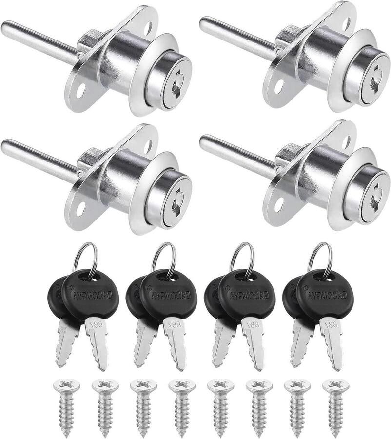 Allecto plus 4 stuks ladeslot kast plunjerslot met sleutels en schroeven 16 mm nokslot voor archiefkasten kledingkast vitrinekast Zinklegering Zilver