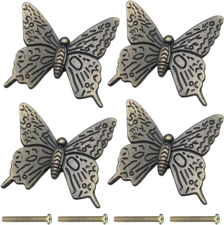 Allecto Plus 4 stuks Retro Vlinder Kast Deurknoppen Decoratieve Metalen Knop Thuis Kast Lade Enkele Gat Trekt Handvatten Brons Stijlvolle Keuken Deuraccessoires
