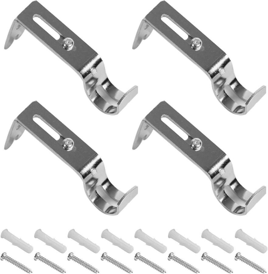 Allecto Plus 4 stuks verstelbare gordijnroedehouders voor muur thuis kantoor slaapkamer zilverkleurig gordijnroedehouder wandhouder badkamer kledingkast