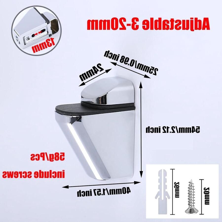 Allecto Plus 4 stuks verstelbare tablethouders voor glazen en houten planken Wandhouders van zinklegering Geschikt voor 3 tot 20 mm dikke planken