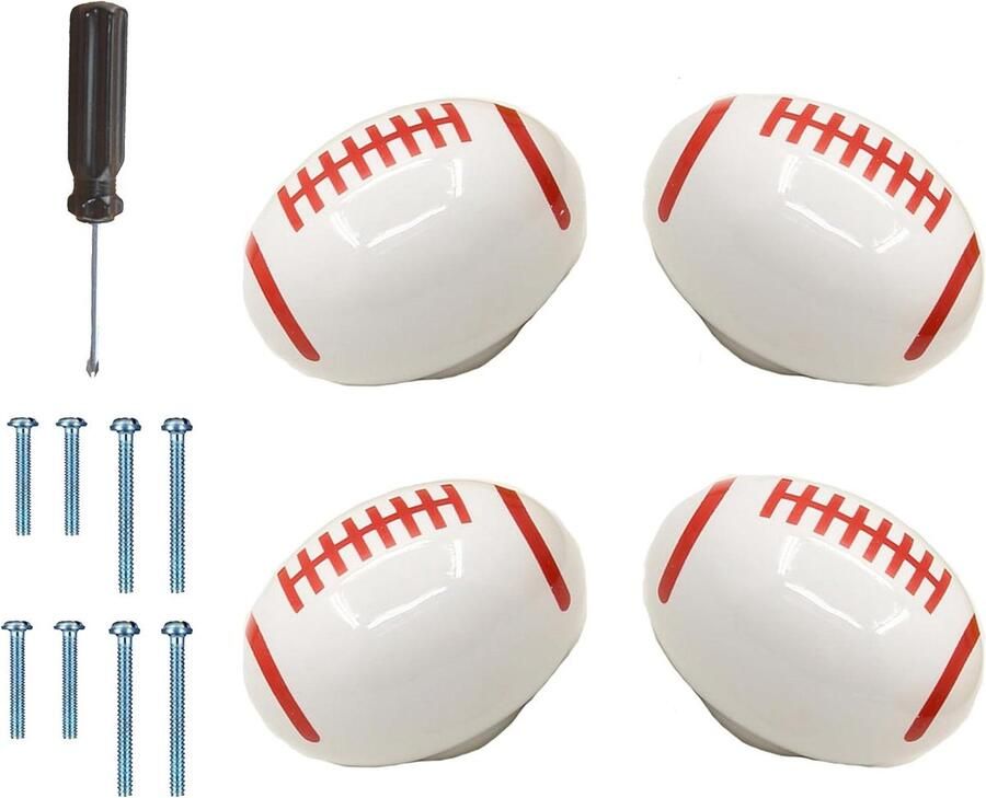 Allecto Plus 4 stuks witte kastknoppen in rugbybal design van keramiek voor huis keuken slaapkamer kledingkast