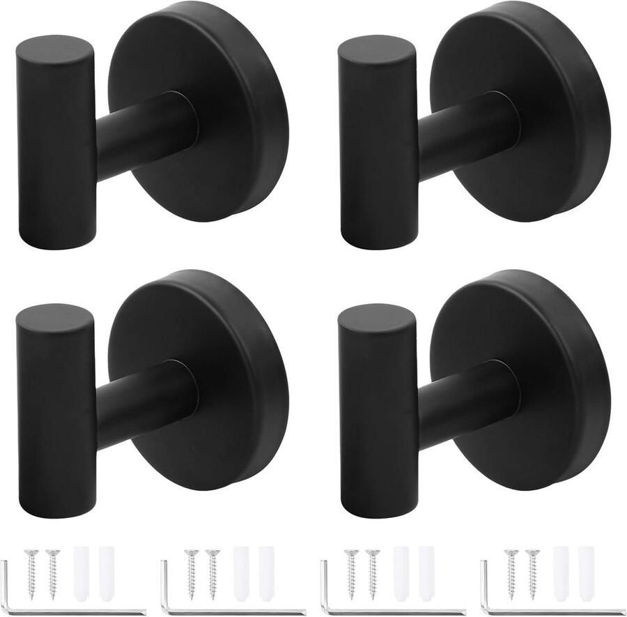 Allecto Plus 4 Stuks Zwarte Handdoekhaken Roestvrij Staal Douchehanger Deurhanger Kledinghaak Kapstokhaken Mat Zwart Gewaad Haak Badkamer Deurhaken Decoratieve Haken (Mat Zwart)