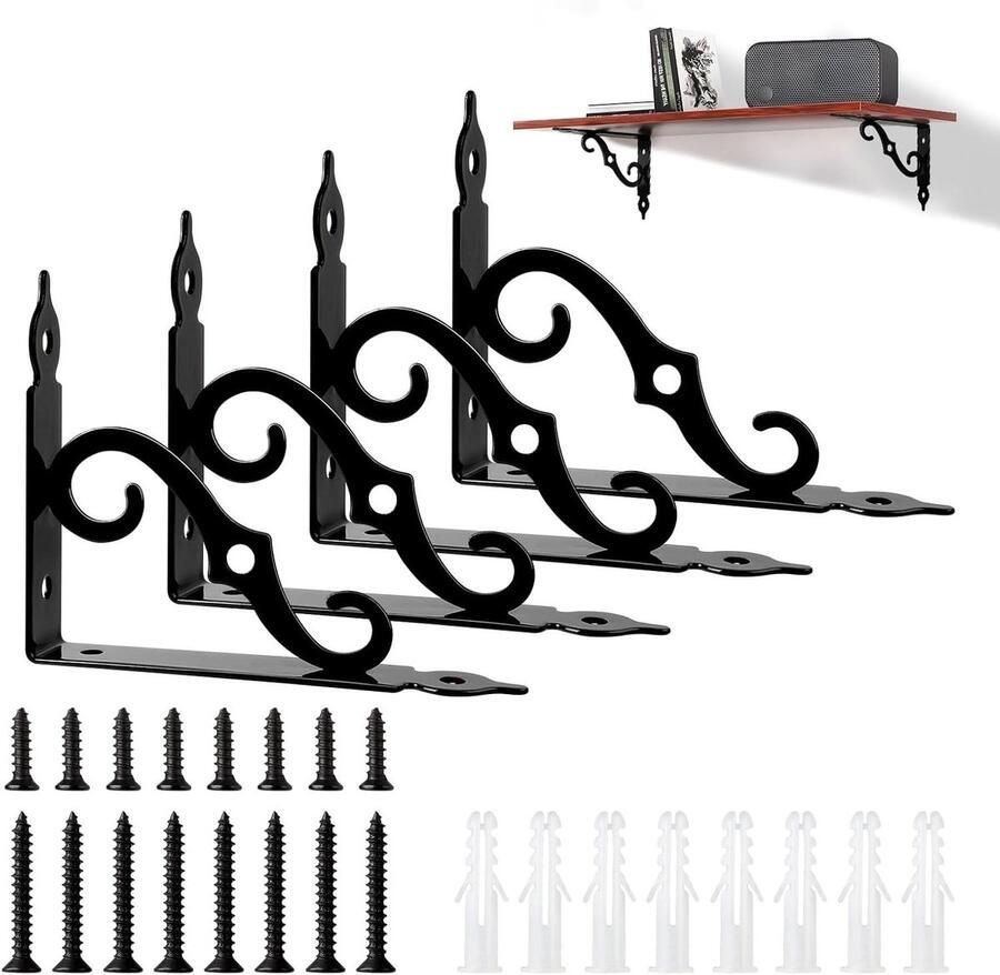 Allecto Plus 4 stuks zwarte metalen plankhouders van 14 cm Vintage antieke stijl S-vormige plankhouder Hoekig en zwaar Voor wandrek zwevende plank Wandconsole Plankplanken
