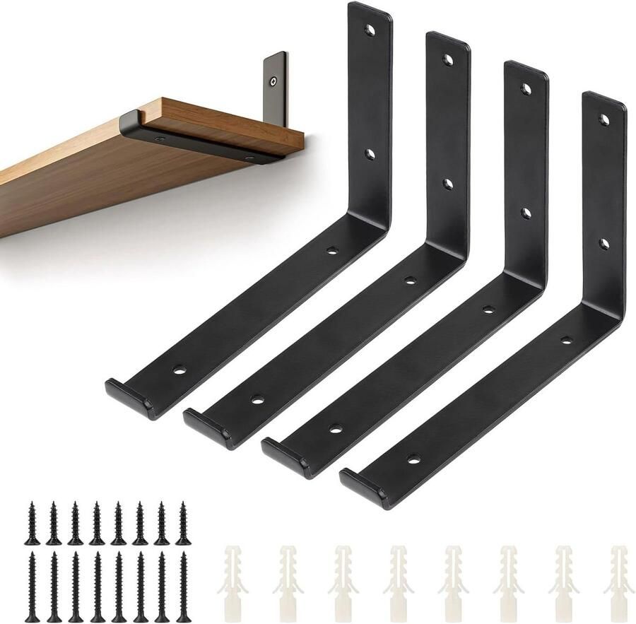 Allecto plus 4 Zwarte L-vormige Plankhouders Heavy Duty Metaal Voor Boekenplanken Kastplanken Badkamerplanken 20 cm