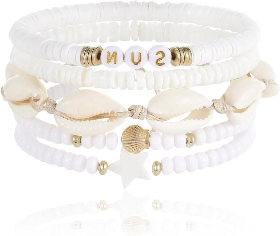 Allecto Plus 5-delige Bohemian surferarmbandset Stapelbaar Gelaagde vriendschapsarmbanden Kraleninzetstuk Rekbare schelparmbanden Elastische boho-zomer- strandsieraden