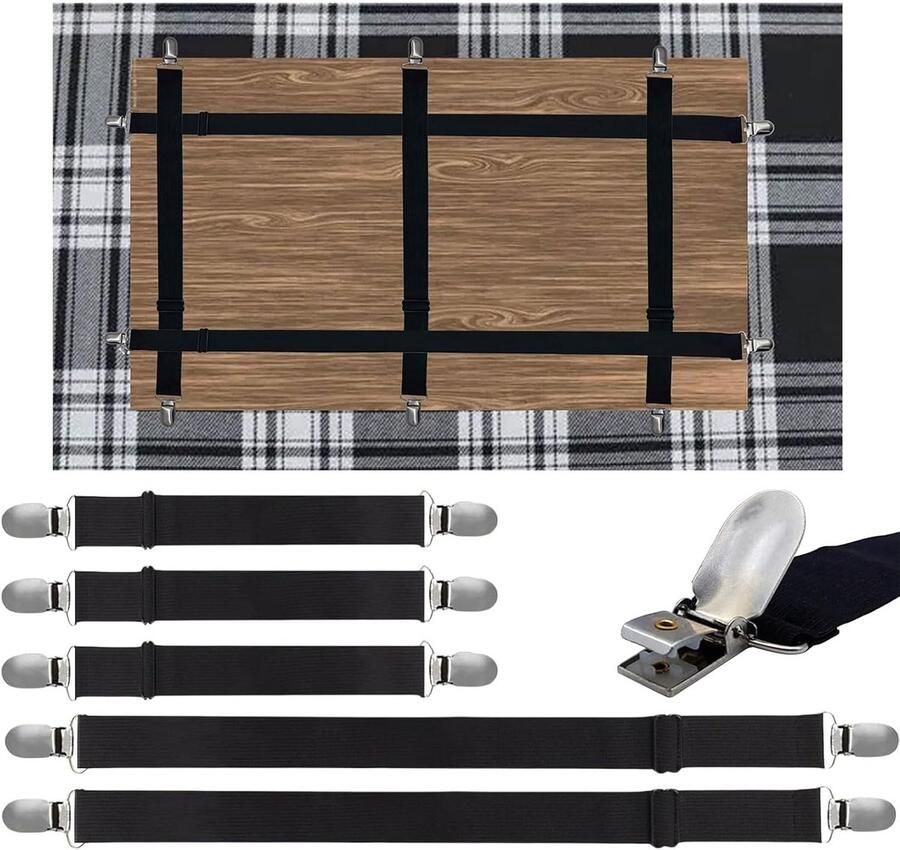 Allecto Plus 5-delige set tafelkleedklemmen voor buiten gebruik Tuin en restaurant Elastische tafelkleedgewichten Robuuste klemmen voor buiten Zwart Universele maat Ideaal voor picknicks en BBQ's