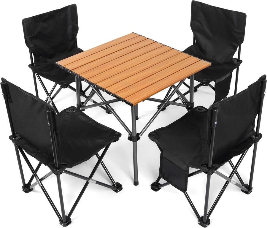 Allecto plus 5-delige Zwarte Camping Stoel & Tafel Set Draagbaar Opvouwbaar Picknick BBQ Tuinfeesten & Reizen