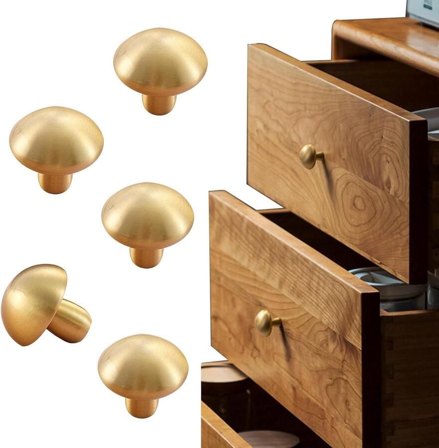Allecto plus 5 Pack Paddestoel Kast Deurknoppen van Massief Messing voor Keuken en Lade Goudkleurig met Geborsteld Messing Finish