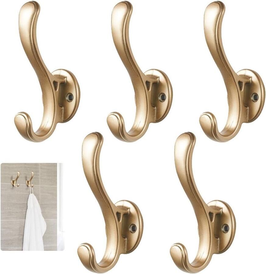 Allecto Plus 5 stuks Goudkleurige Kapstok Vintage Wandhaakjes Aluminium Dubbele Muurhaakjes met Schroeven voor Hal Garage Slaapkamer Terras Badkamer