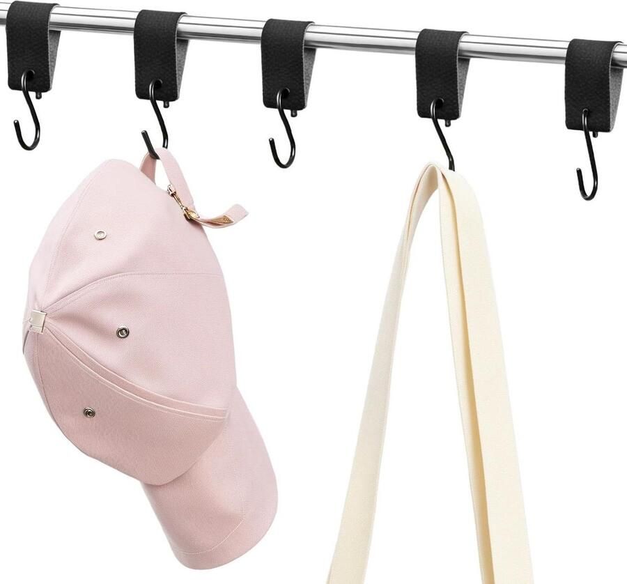 Allecto plus Set van 5 S-haken met leren lus voor garderobe Roestvrij stalen zwarte kledinghaken 12 5 x 3 cm