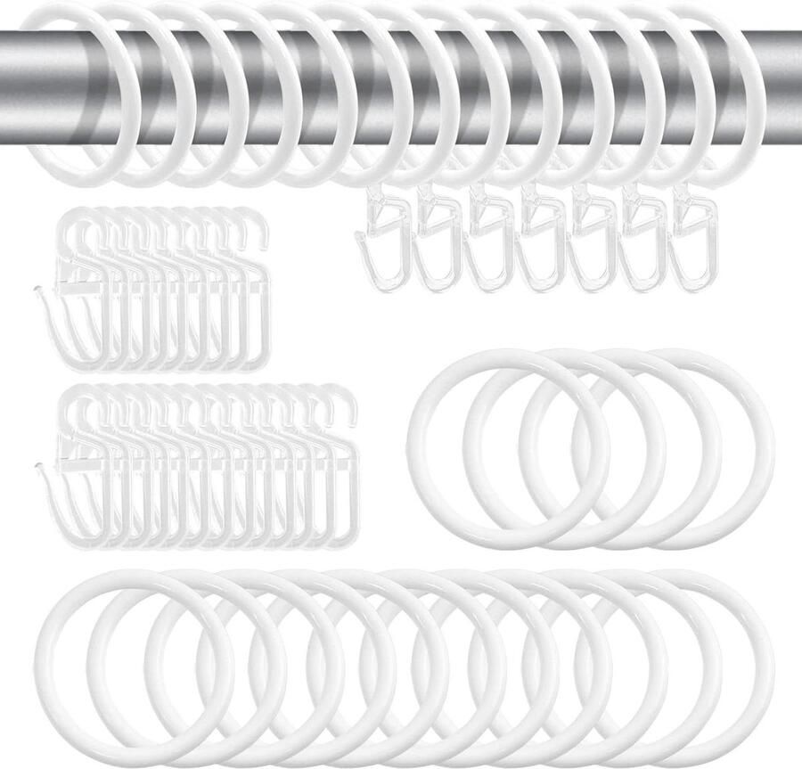 Allecto Plus 50 stuks gordijnringen en haken set Metaal en Kunststof Voor Raam- Bed- en Douchegordijnen 30 mm binnendiameter Bevestigingsaccessoires