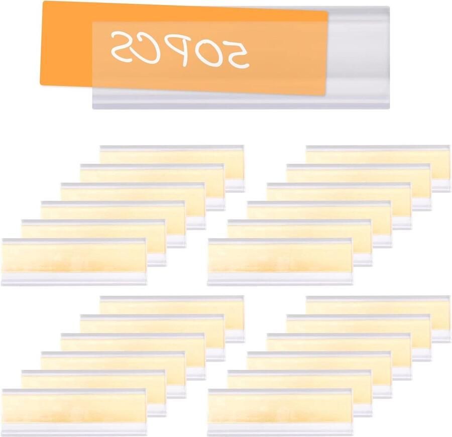 Allecto Plus 50 stuks Plastic Etikethouders voor Kasten Opbergdozen Transparant Zelfklevend Prijskaarthouders Plank Labels