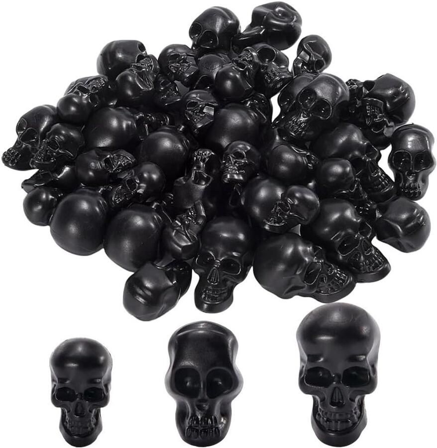 Allecto Plus 50 stuks Zwarte Schedel Mini Beeldje Decor Halloween Skelet Hoofd Micro Landschap Prank Rekwisieten Spookaccessoires Ambachten Tafel Bar Beeldjes