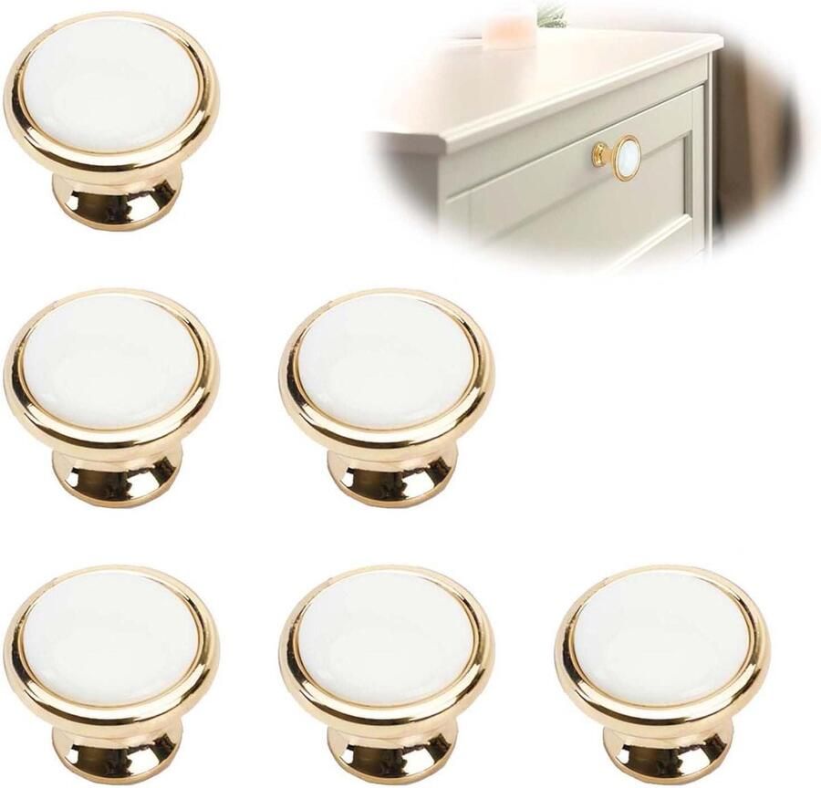 Allecto Plus 6-delige Set Gouden Kast Knoppen 30mm Ronde Lade Handvat Witte Moeder Kast Decoratieve Trekt Inclusief Schroeven