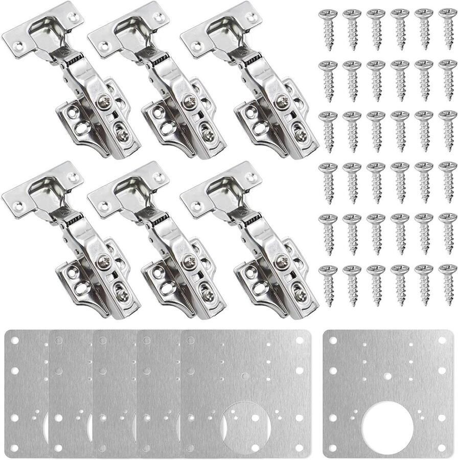Allecto Plus 6-delige set hoekaanslagen van roestvrij staal voor keukenkast en kledingkast met hydraulische demping