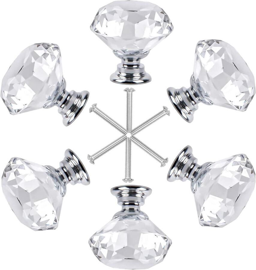 Allecto Plus 6-delige set kristallen ladeknoppen 30 mm diamant kastknoppen met schroeven Luxe meubelknoppen van kristalglas