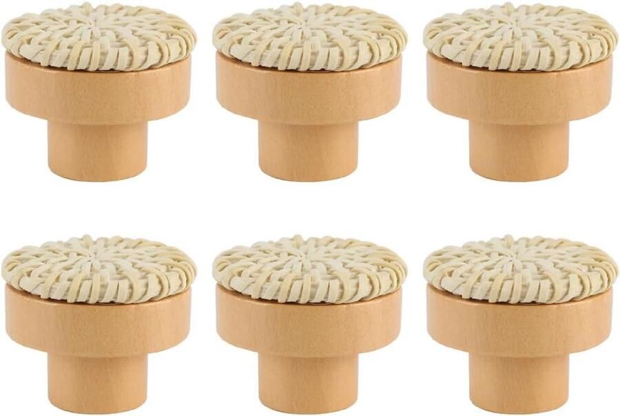 Allecto Plus 6-delige set rotan dressoirknoppen Handgemaakt Rieten geweven Kastknoppen Handgrepen Lade hardware Beige