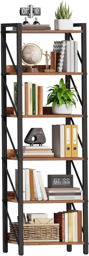 Allecto plus 6-Laags Industriële Boekenplank Staande Plank Ladderplank Keukenkast Rustiek Bruin Zwart