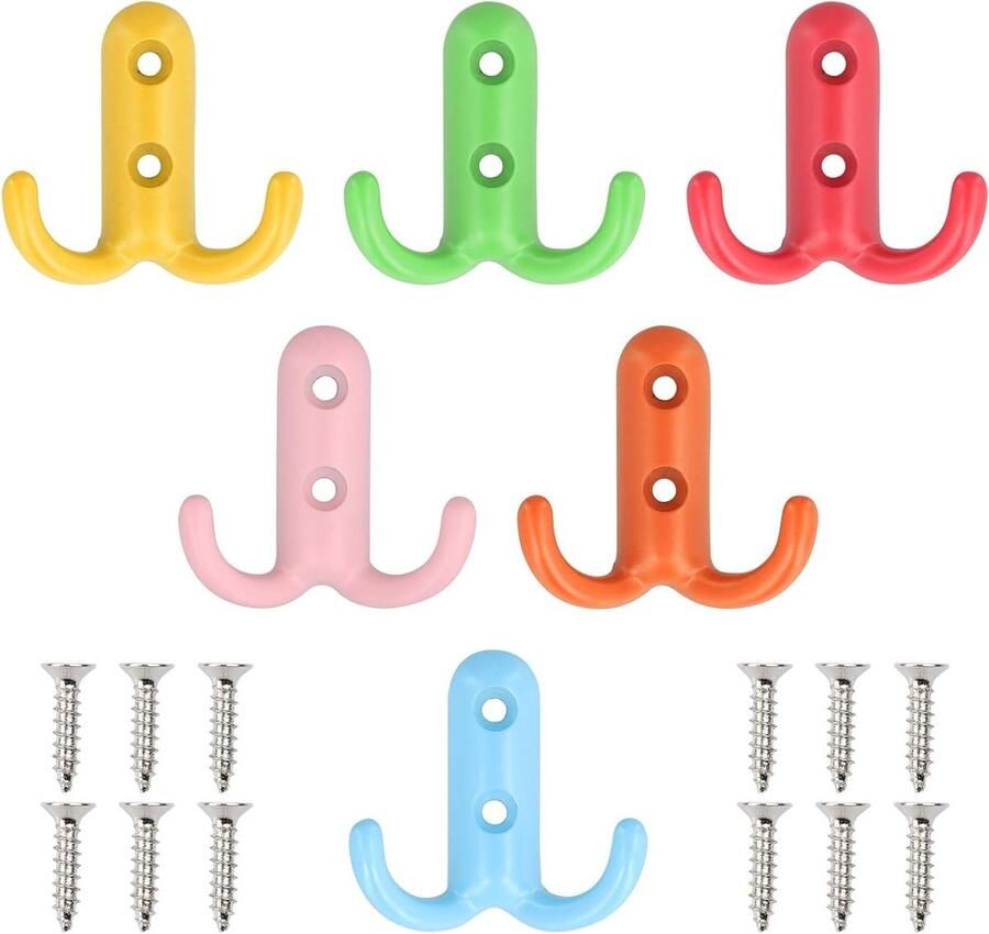 Allecto Plus 6-pack Kleurrijke Wandhaken Kapstokhaken voor Kinderkamer Heavy Duty met Dubbele Prong Regenboog Muur Gemonteerde Haken Voor Ophangen Kleding en Accessoires