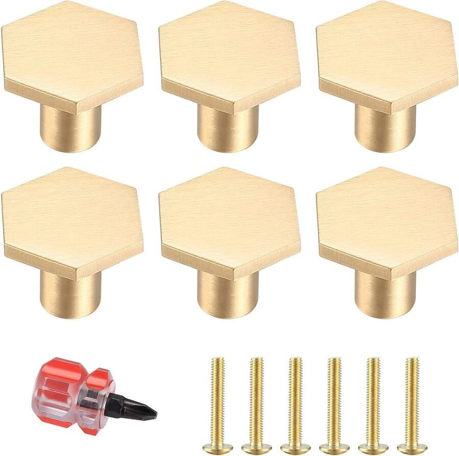 6-pack Vintage Gouden Meubel Knoppen Hexagon Metalen Kasthandgrepen Keuken Handgrepen incl. Schroevendraaier Messing 22 * 18 mm